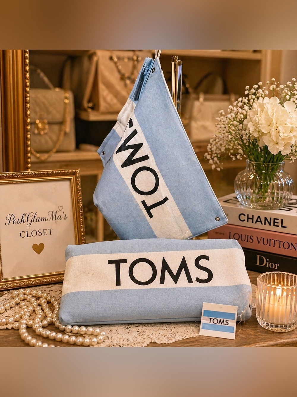 TOMS 🎁 Blue and White Canvas Dust Bag